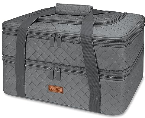 Vuudh Quilted Double Decker Casserole Carrier - Expandable Dish Carrying Case for Hot or Cold Food, Lasagna Holder for Potluck Parties, Picnic, Beach, Fits 9×13 Baking Dish (Grey)