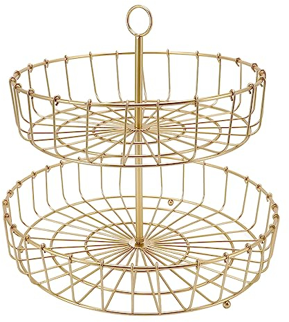 Cesta de Frutas de 2 Niveles, Frutero de Hierro Portátil Dorado, Frutero con Estilo Nórdico para Cocina, Organizador de Almacenamiento, Comedor, Encimera, Frutas, Verduras, Pan