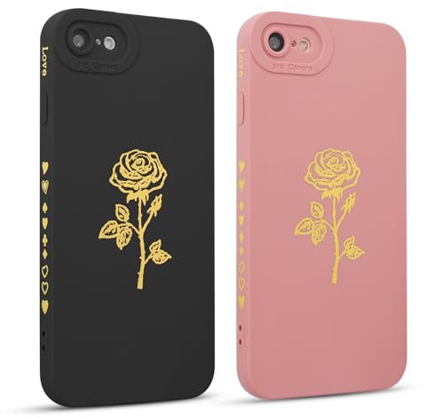 ZhuoFan 2 Pezzi Cover per Apple iPhone 8/7/SE 2022/SE 2020 4,7 con Disegni, Custodia Fiore Disegno Sottile Bumper Morbido TPU Silicone Amore Protettiva Case Fotocamera Antiurto Ragazza, Nero+Rosa