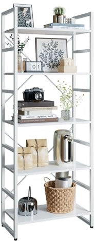 TREETALK 5 Tier Bookshelf, Standing Bookcase with 2 X-shape Frame,Adjustable Leg pads, Industrial Storage Rack for Office, Living Room (White)