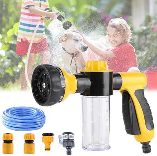 Rusopobe 8 in 1 Water Gun Hose Nozzle - High Pressure Soap Foam Lance - Adjustable Garden Watering Jet Spray - Dog Shower Sprayer with 30m Water Pipe(Yellow)