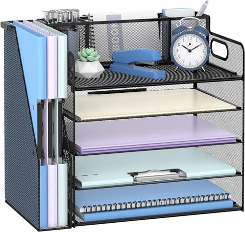 Suptidy Schreibtisch-Organizer mit Aktenhalter, 5 Etagen, Schreibtisch-Organizer mit 3 Stifthaltern, Papier-Briefablage für Büro, Zuhause, Organisation und Aufbewahrung, Schwarz