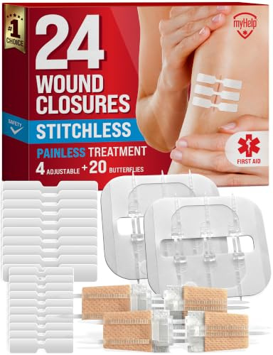MYHELP Lot de 24 bandes de suture d'urgence pour les plaies - 3 types de pansements papillon faciles à utiliser - Kit pour sceller les plaies sans douleur et sans points - Transparent