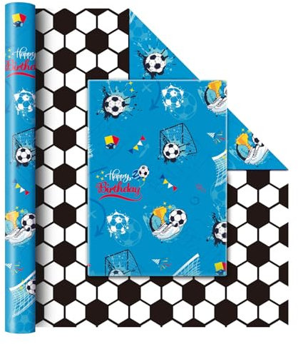 WERNNSAI Fussball Geschenkpapier – 1 Rolle Fußball Geburtstags Geschenkpapierrollen Junge Kinder Fußball Geschenkverpackung Sport Geburtstagsparty Geschenkpapier mit Schnittlinie 43 cm x 10 m Blau