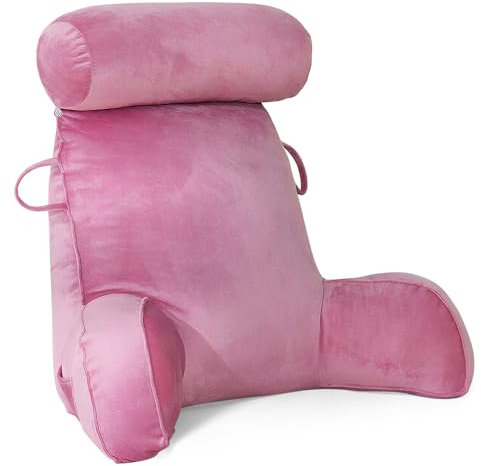 GKXLH Reading Pillow - Velvet Reading Pillows for Sitting in Bed Adult, Back Pillow for Bed Sitting Up with Round Pillow, Back Arm Support Bed Rest Pillows with Arm, Pocket, Washable Cover (Pink)