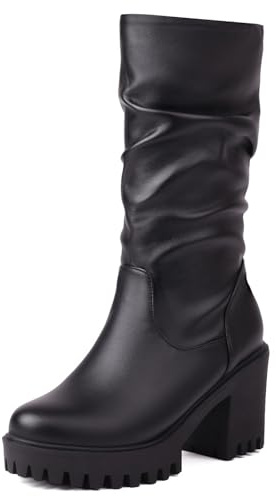 Gicoiz Mujer Punta Rojoonda Invierno Media Pierna Ruched Botas Plataforma