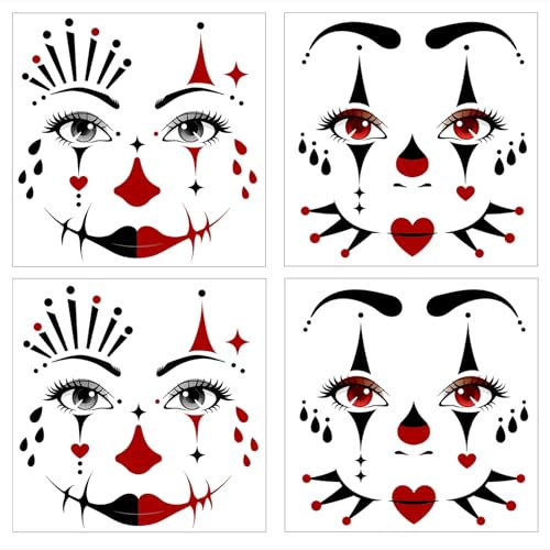 HOWAF 4 Bogen Gesichtstattoo Pantomime Temporäre Tattoos, Face Tattoo Pantomime Clown Gesichtstattoo Karneval, Gesichtstattoo Halloween Aufkleber Gesicht für Pantomime Kostüm, Fasching Karneval Kostüm