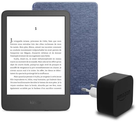 Le nouveau Kindle (version 2024) 16 GB sans publicité, une housse en tissu Amazon et un adaptateur secteur Amazon Powerfast 9 W.