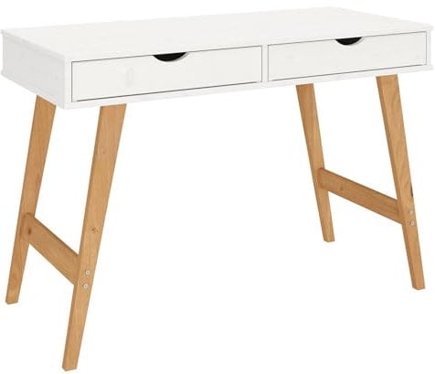 Schreibtisch Milo mit 2 Schubkasten, massives Kiefernholz, stabil und langlebig, ideal für Home-Office, weiß/eichefarben, Schubladen für Stauraum