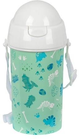 Safta PREESCOLAR DINO - Botella de Apertura Automática, con Pajita, Botella de Agua, Sin BPA, con Bandolera, Cómoda y Ligera, 500 ml, 7.3x19.5 cm