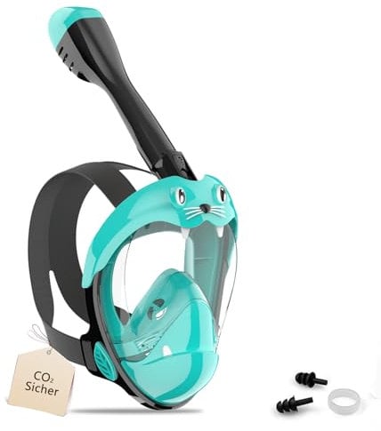Schnorchelmaske Kinder Vollmaske – CO₂ sichere Tauchmaske ab 6 Jahren mit Anti-Beschlag, Anti-Leck, 180° Sichtfeld – Schnorchel Vollgesichtsmaske inkl. Silikon & Tragetasche (Grün, XS)