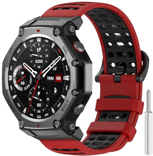 ENCorrea Correa de Metal Compatible con Amazfit T-Rex 3, Pulsera de Repuesto de Acero Inoxidable para Amazfit T-Rex 3.(No host) (Red + Black)