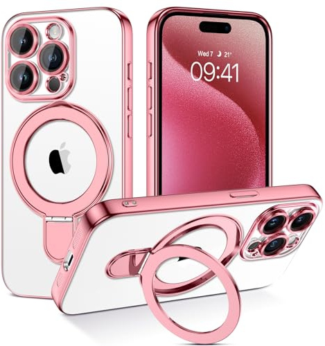 BENTOBEN Magnetic Case for iPhone 15 Pro Max [Compatible with Magsafe], Ring Stand Full Camera Lens Protector Clear Anti-yellow Military Drop Protection Shockproof Case for iPhone 15 Pro Max,RoseGold