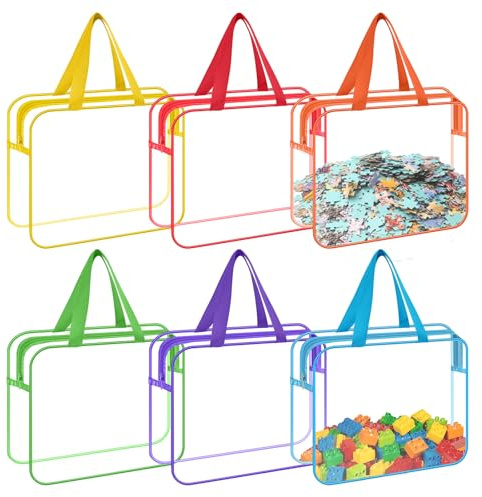 6 Pcs Toy Storage Bags, Multicolor | Handle and Zips, PVC Waterproof, Clear Bags for Travel, For Building Blocks, Puzzle, Board Games, 11.8x8.6x3.9 inch