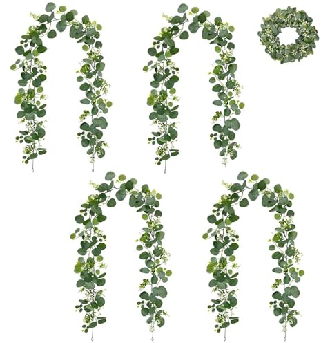 Künstliche Girlanden Eukalyptus, 4 Stück 1,8m Eukalyptus Reben Hängend Girlande, Künstliche Girlande Pflanze mit Weidenblättern, Pflanze Hängepflanze, für Hochzeitsstrauß, Blume, Hochzeit Deko