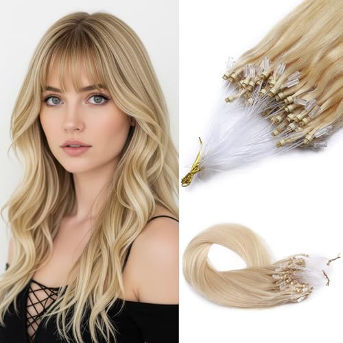 MY-LADY Extensions Microring Echthaar Platinblond, Micro Ring Extension Echthaar Balayage Haarverlängerung Micro Hair Extensions Glatt 50cm 50g 1g/s (#60)
