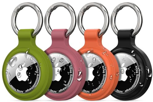 AirTag Holder Keyring, 4-Pack IP67 Waterproof Case for Apple AirTag 1 & 2 | Clear TPU lid, 2.5 mm silicone clasp; zinc alloy key ring; snug, secure fit; keys, luggage, bags; AirTag not included