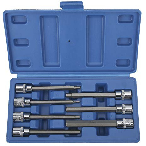 FLEXMAN 7 Piezas Juego de Llaves Allen y Vasos Hexagonales, Interfaz de Llave Cuadrada de 3/8 Pulgadas, Juego de Vasos Allen Extralargos de Acero al Vanadio H3 H10 con Estuche