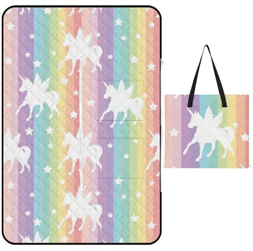 JZemdybill Picknickmatte mit Reißverschluss, Einhorn-Muster, Regenbogen-Picknickdecke, Outdoor-Teppiche, 150 cm x 100 cm
