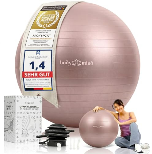 Body & Mind Gymnastikball inkl. Luftpumpe - Anti-Burst Pilates Ball, Pezziball für Schwangerschaft Ergonomischer Sitz als Büro-Stuhl, Sitzball für Yoga, Gymnastik & Workout