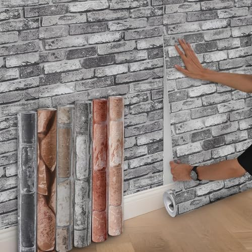 Anttyscar 3Roll Grey Brick Wallpaper - 3D Effect Textured Brick Effect Wallpaper for Realistic Faux Bricks Wall Covering，Anti-Fouling Slate for Bedroom Living Room Hallway Stairs Lounge