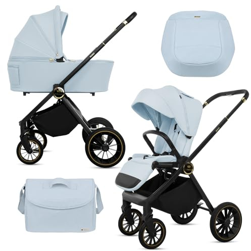 BabyLux® Kinderwagen 2in1 ROSSO, Faltbar Leicht Kombikinderwagen Set incl. Babywanne, Buggy Sportsitz, Wickeltasche und mehr Zubehör, 4 Liegepositionen, 0-22kg (0-4 Jahre), UV Schutz 50+. Belüftung