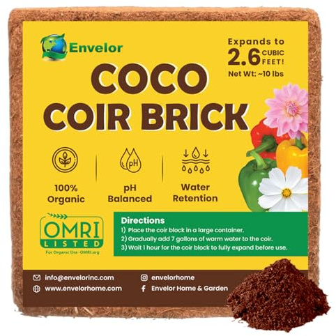 Envelor Coco Coir Brick Kokosfaser für Pflanzen, natürliche Gartenerde für Gemüse, Blumenerde, Block Coco Torf Bulk, Kokosnussschalen-Pflanzerde, 4,5 kg, komprimierter Kokoscoir Brick, 1 Packung