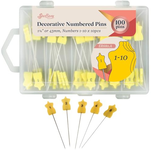 Sew Easy Numbered Pins – 100 Pcs 43mm, Numbered 1-10, 10 of Each Number, Fasteners for Quilting, Sewing, Basting, Crafting, Dressmaking - Yellow