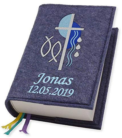 Evangelische Gesangbuchhülle Gesangbuch Kreuz 2 blau Filz mit Namen bestickt mittlere Ausgabe, Farbe:dunkelblau meliert