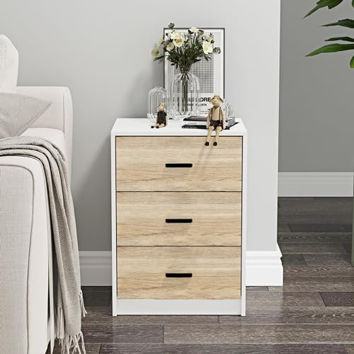 URBNLIVING 3 Drawer Wooden Bedroom Bedside Cabinet (White Carcass + Oak Drawers)