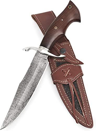 BIGCAT ROAR Cowboy - Coltello da Caccia Grande in Acciaio Damasco Artigianale 30,5 cm - Manico in Legno di Noce e Fodero in Cuoio - EDC Bushcraft, Campeggio, Sopravvivenza - Regalo Uomo Cacciatore