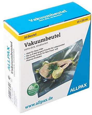 Allpax Einschweißbeutel im Karton, 15 x 25 cm, 50 Stück, extra dick, mit Prägung - Goffriert, PA/PE, Stärke: 150 µm - passend für alle Vakuumierer - praktische Aufbewahrung im Karton