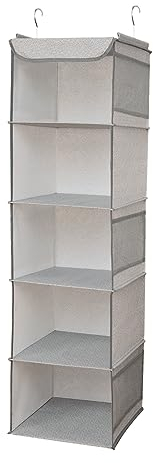 BrilliantJo Hanging Wardrobe Closet Storage with 5 Shelves Organiser, Storage Shelves Unit with 6 Pockets for Clothes - Light Grey(30 x 30 x 108cm)