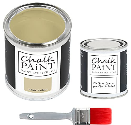 CHALK PAINT EVERYTHING Verde Antico & FINITURA + PENNELLO - Kit Pronto Vernicia e Proteggi (750 ml Colore + 250 ml Finitura + Pennello Professionale 40 mm)