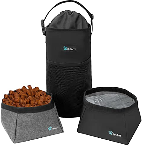 PetAmi Dog Food Travel Bag | Kibble Carrier for Dogs with Collapsible Dog Water Bowls Kit | Pet Food Travel Container Storage for Camping, Hiking Gear Accessories (Black, Grey)