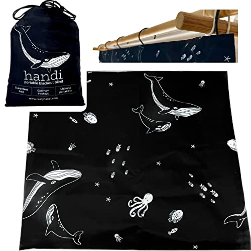 Premium Handi portable blackout blind with unique hook-on system. Guaranteed all night hold | Easy Install | 198 x130cm | Travel Anywhere Curtain | Suction Cups Temporary Stick on to Windows | Baby
