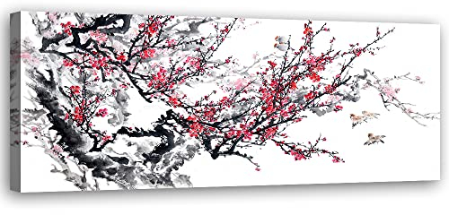 Feeby Impression sur Toile Intissé Fleur de cerisier Jardin japonais Branche Nature 120x40 cm Image Moderne Tableau Déco Mural Salle De Séjour Orient Spa Zen Asie rose