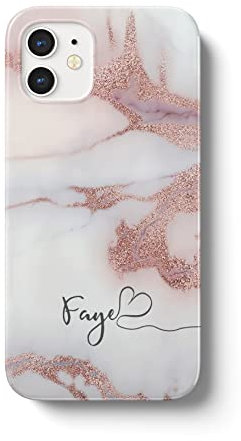 iCaseDesigner Personalised Marble Glitter Flowing Name with Heart Phone Case Compatible with iPhone 13 Pro Max - 12. White Marble with Faux Rose Gold Sparkle Name