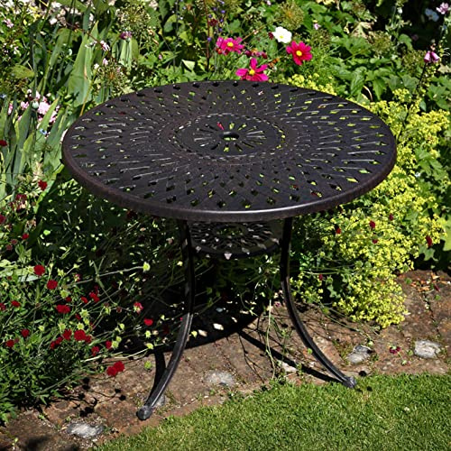 Lazy Susan 88 cm Runder Mia Gartentisch in Antik Bronze mit 4 Kate Stühlen, Ohne Sitzkissen | Nachhaltiges Sandguss-Aluminium | Wetterfest | Rostfrei | Wartungsarm | 3 Jahre Garantie