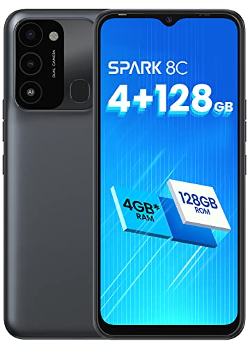 TECNO Mobile Spark 8C Smartphone (Android, Dual SIM, 720x1612px HD+D-Display, 8MP Front- und 13MP AI Dual-Kamera, bis zu 4+128GB Speicher, 5000mAh Batterie, NFC, für Social Media optimiert) Schwarz