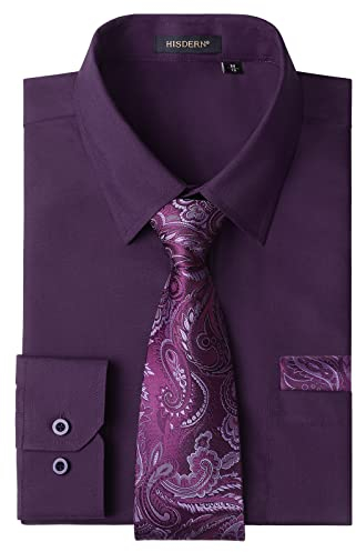 HISDERN Herren Hemd Violett Langarm Einfarbige Hemden mit Krawatte und Taschentuch Formelle Businesshemd Hochzeit Freizeithemd mit Tasche Regular Fit XL