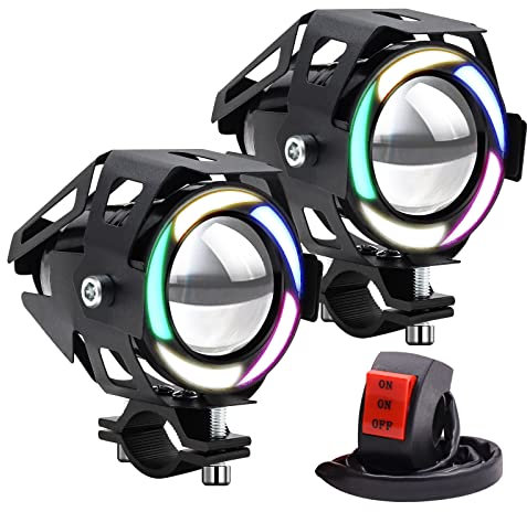 YnGia Phares antibrouillard pour moto avec halo multicolore, spots LED avec interrupteur à 3 fils 12 V 24 V, 2 pièces U7 étanches pour moto, quad, scooter
