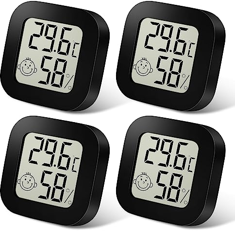 Ainiv Mini LCD Thermometer, 4 Stück Digital Thermometer Innen, Hygrometer Innen, Thermometer Hygrometer, Kabelloses, Luftfeuchtigkeit Meter für Babyzimmer Wohnzimmer Büro Gewächshaus(Schwarz)
