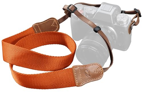 Padwa Lifestyle Glamour Orange Camera Strap -Double Layer Crazy Horse Cowhide End,1.5 Wide Cotton Woven Camera Straps,Adjustable Neck Shoulder Strap for All DSLR Cameras,Great Gift for Photographers