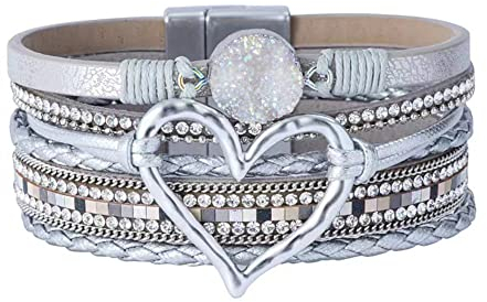 Lederarmband Damen Leder Wickelarmbänder Baum des Lebens Armband mit Magnetverschluss aus Edelstah Bracelet für Frauen & Mädchen (Silber)