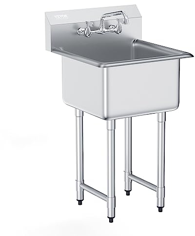 VEVOR Fregadero de preparación utilitario de acero inoxidable, fregadero pequeño de 18.0 x 18.0 in, 1 cuenco con grifo y patas, fregadero comercial para garaje, restaurante, cocina, lavadero