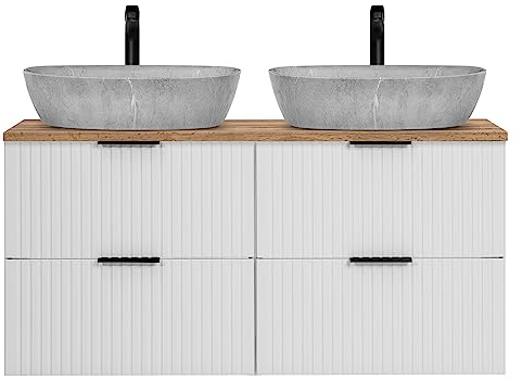 Lomadox Waschtisch 120cm mit 2 Aufsatzbecken, weiß mit Eiche Nb., Front gerillt, Keramikwaschbecken Beton Optik hell