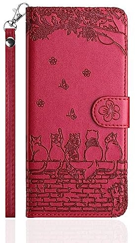 Butnyeoe Flip Case for iPhone SE 2022/SE 2020/8/7,Cat/Flower/Butterfly Embossed PU Leather Wallet Phone Folio Case Magnetic Protective Cover with Stand Function and Card Slots,Mauve/Red