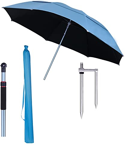 Strandschirm, Sonnenschirm, mit 16 stabilen Rippen, Premium, mit Befestigungen, 360° drehbar, winddichter Regenschirm (Dunkelblau 2,4 m)