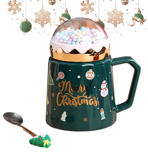 Hailerio Set di tazze natalizie, tazze da caffè natalizie con coperchio, in ceramica, 473 ml, tazza da caffè a tema natalizio, tazza da caffè per regalo di Natale, tazze da tè con manici robusti,